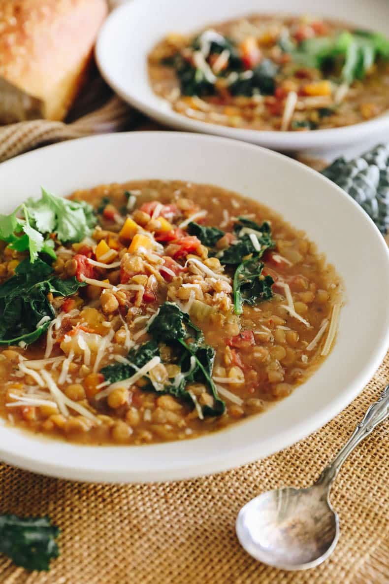 Instant Pot Lentil Soup in a white bowl.