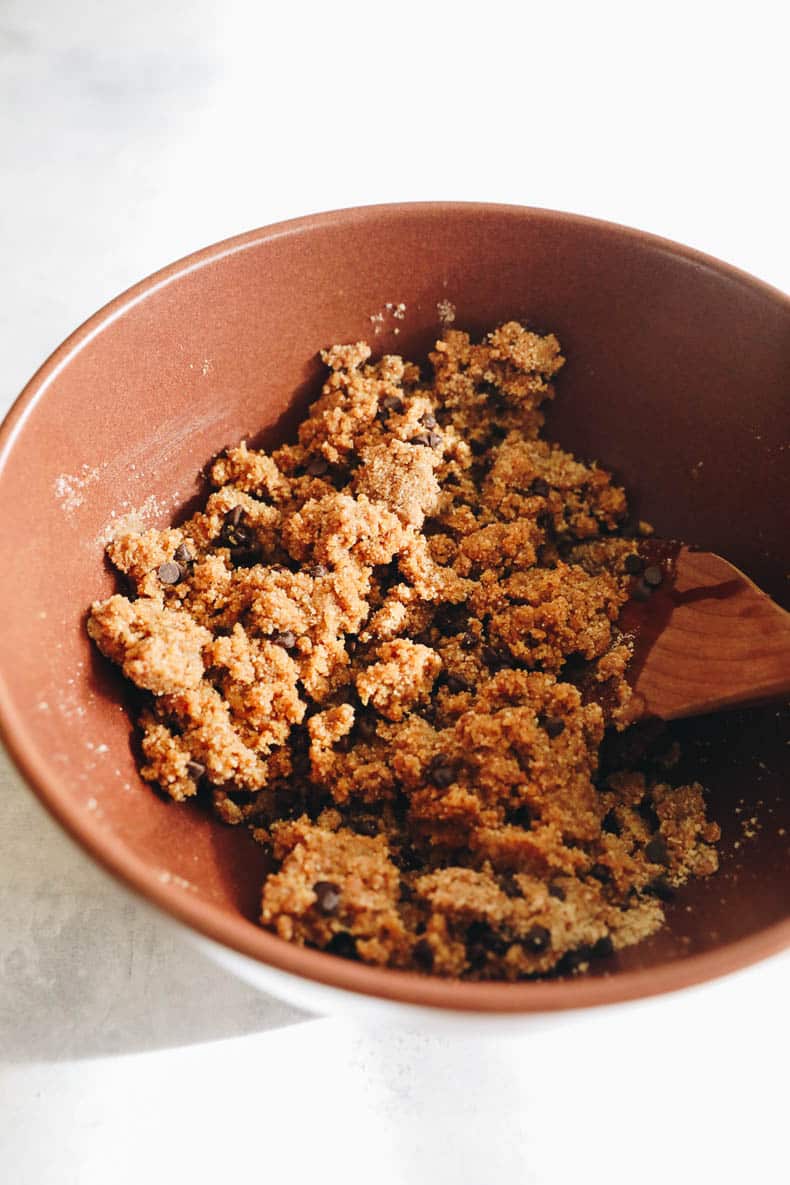 almond flour cookie dough in a large brown bowl.