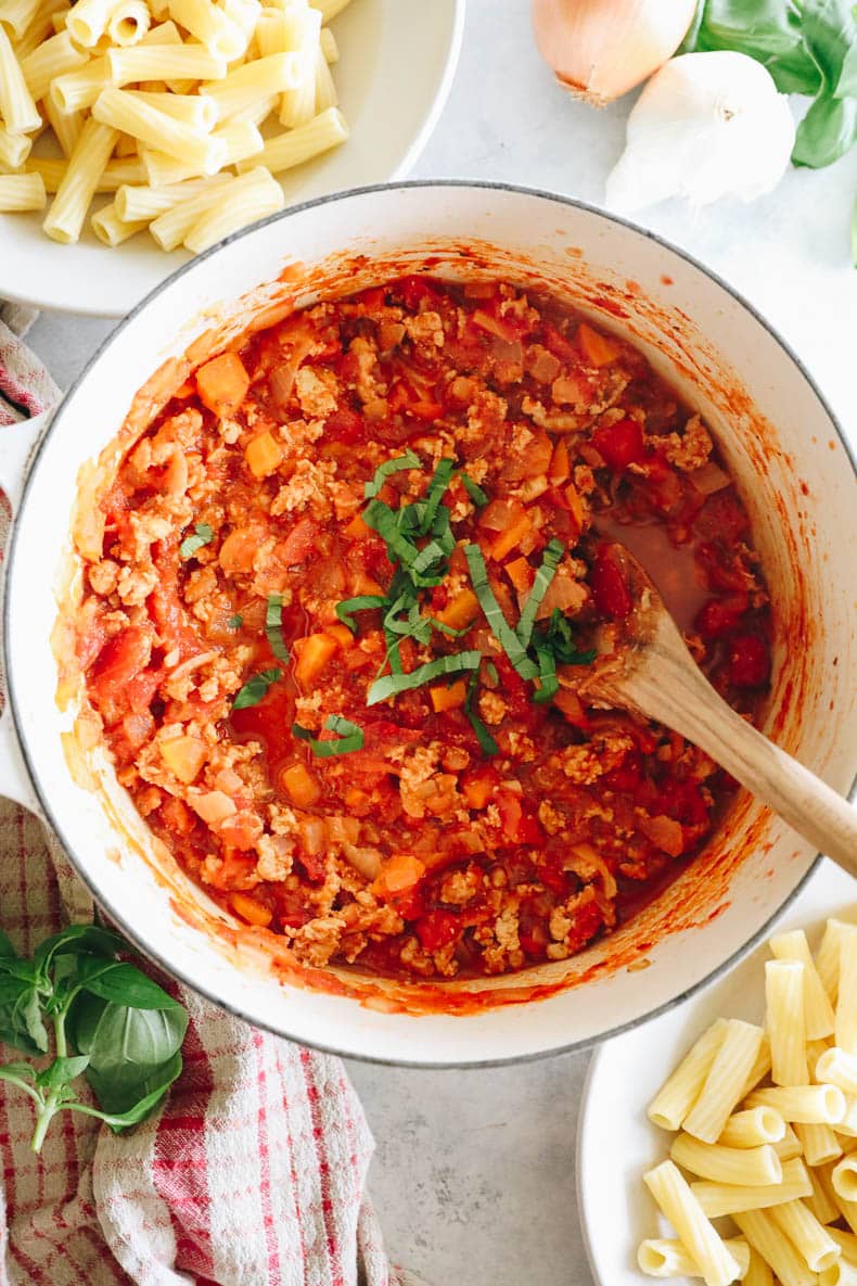 overhead image of a cooked pot of pasta sauce.