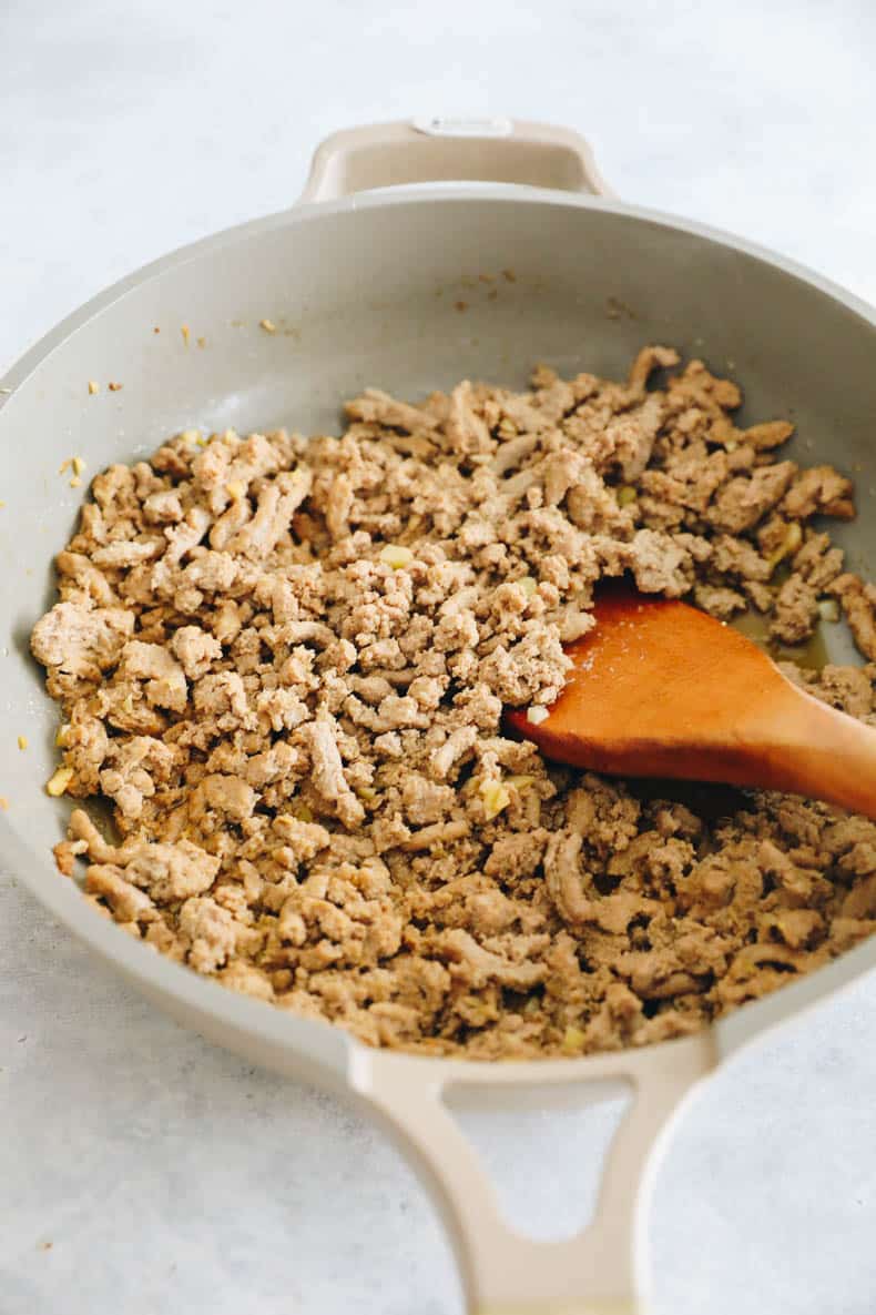 Thai flavored ground turkey in a skillet