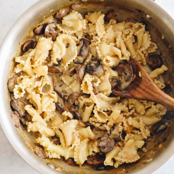 mushroom stroganoff cooked and mixed in a large pan.