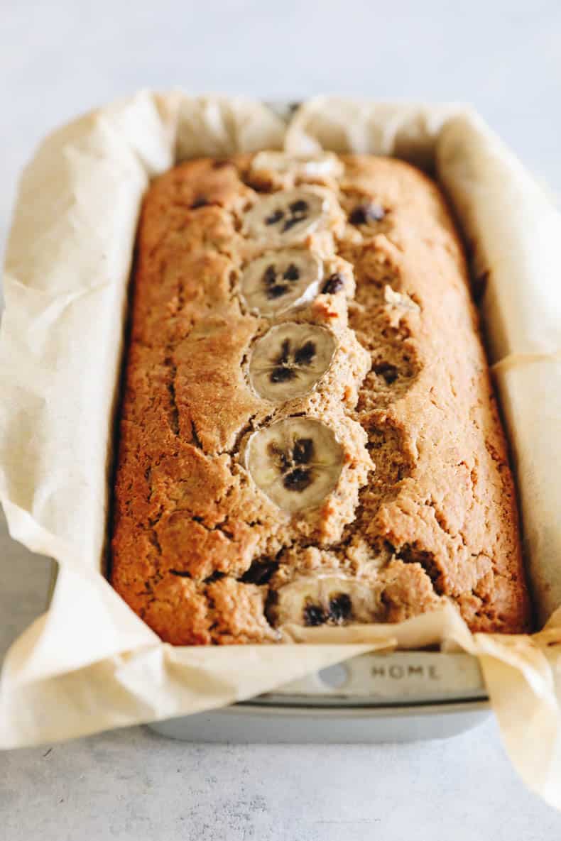 Oat flour banana bread in a loaf pan