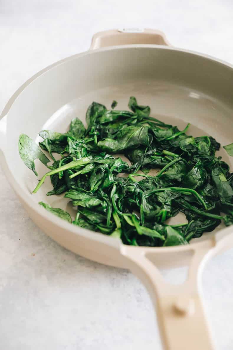 spinach cooked in a non-stick pan.