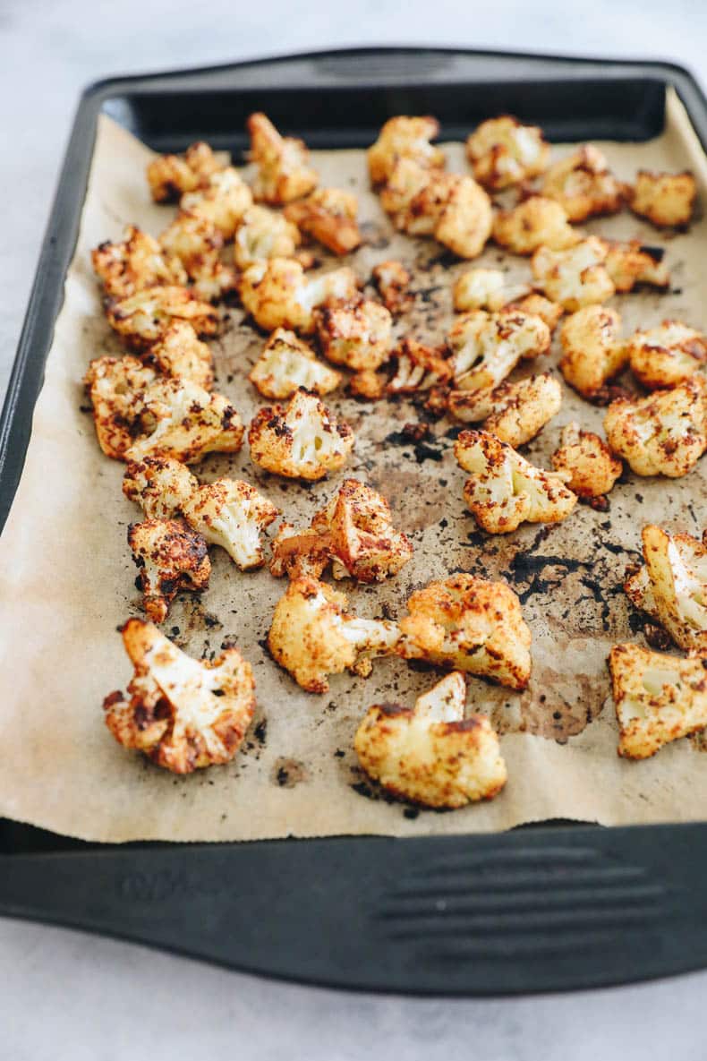 roasted cauliflower on a sheet pan