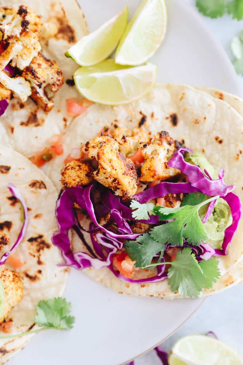 close up of cauliflower tacos in a tortilla