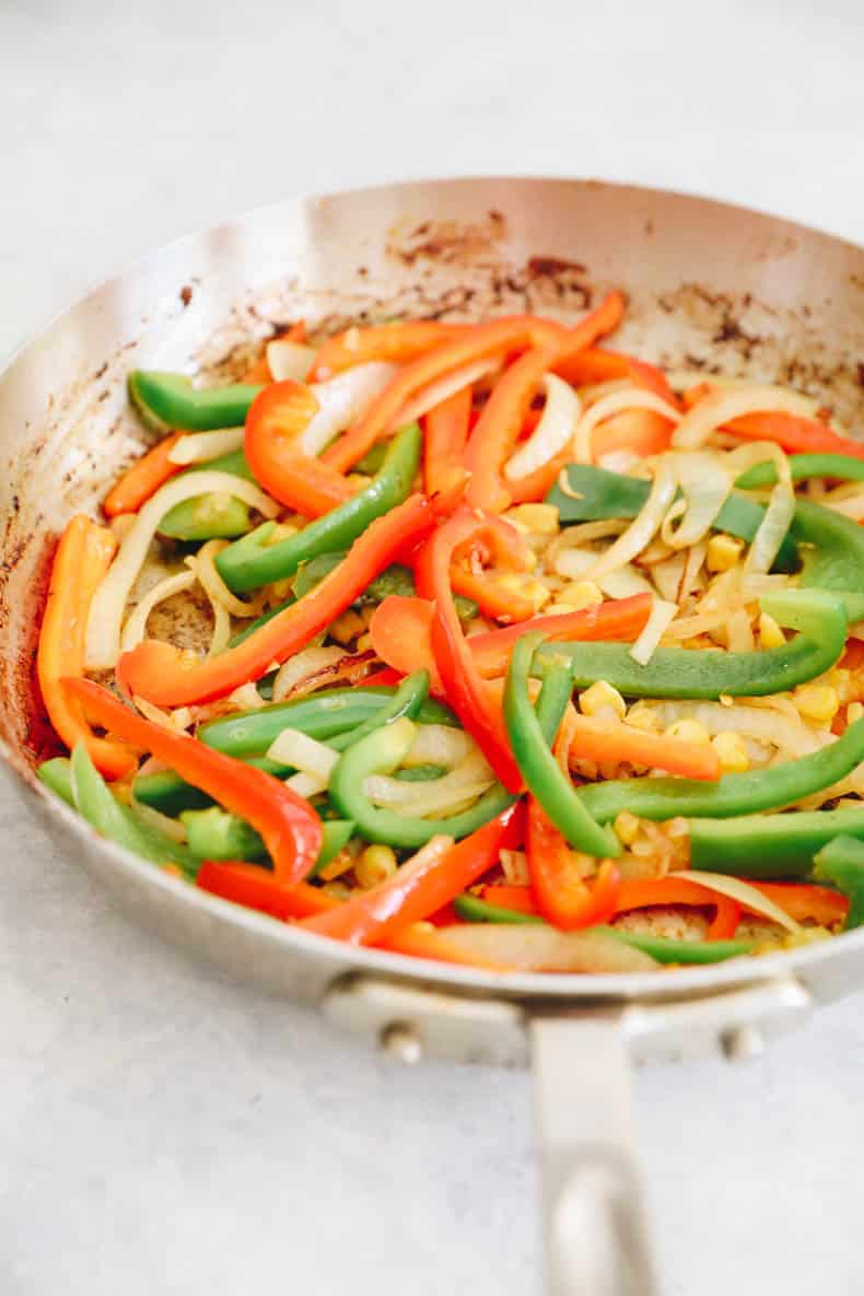 burrito vegetables cooked in a skillet