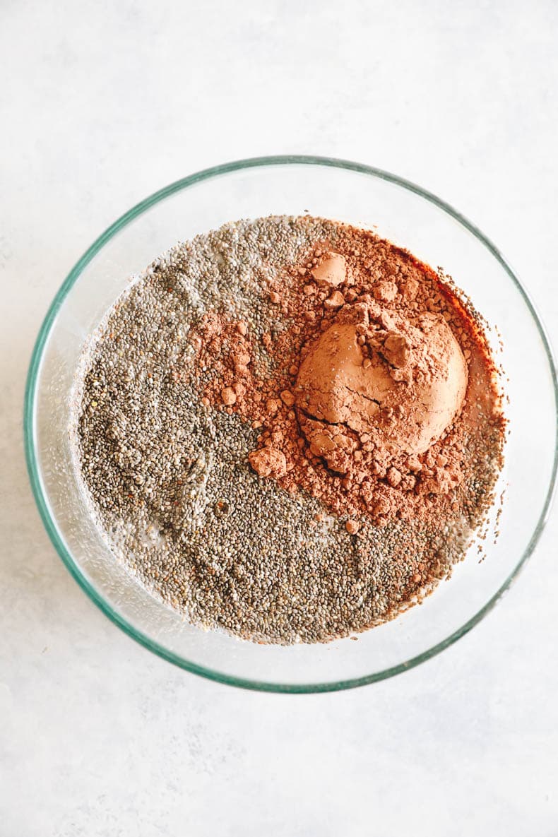 chocolate chia seed pudding ingredients in a bowl