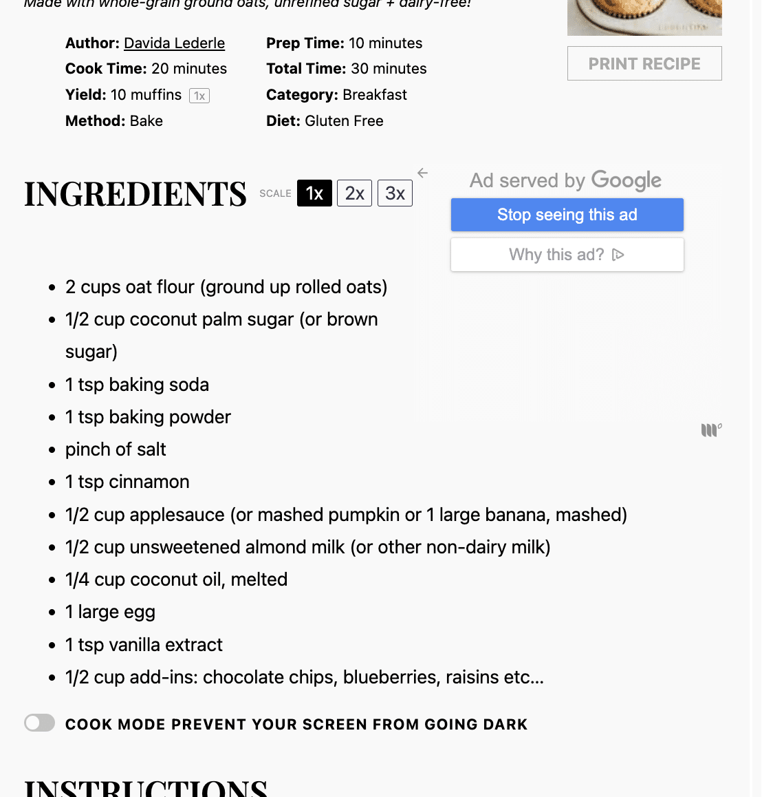 Screenshot of oat flour muffins recipe